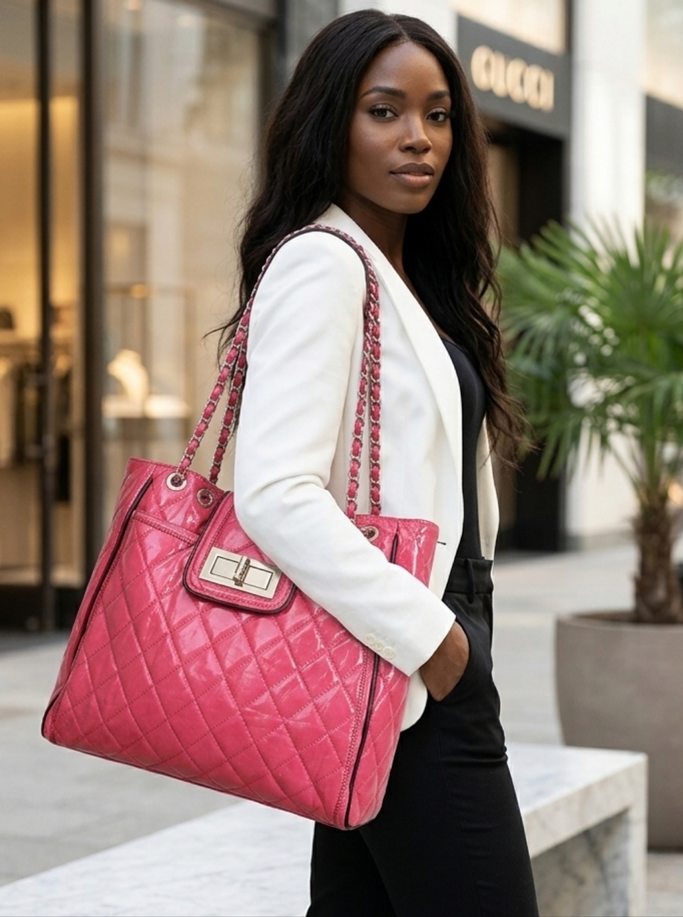Large pink lock purse with quilted design and chain handles